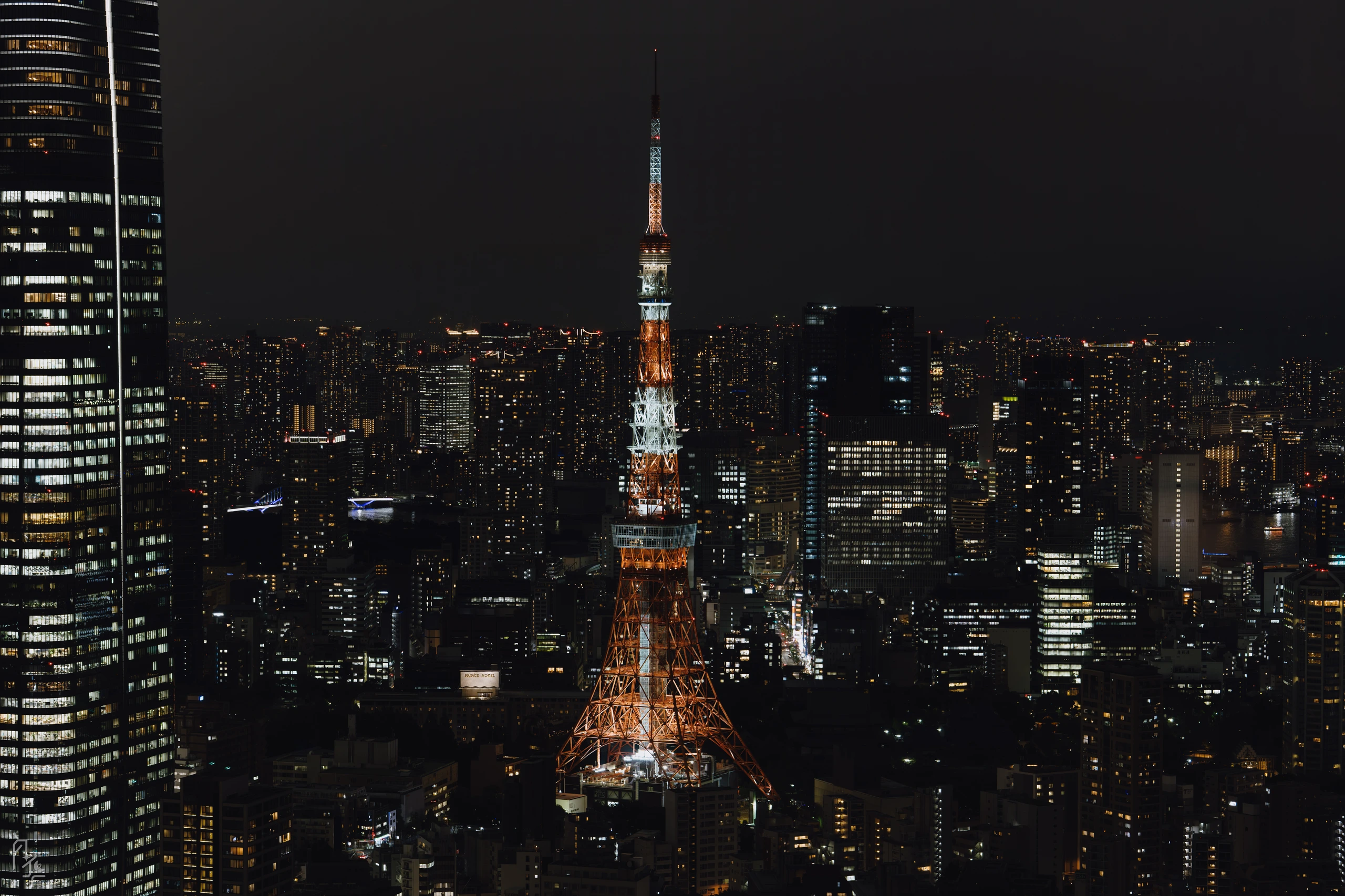 夜色中，橙白相间的铁塔矗立于密集的城市灯海中央，左侧高楼与远处楼宇灯光交织。